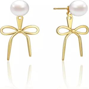 여성용 프리키스 진주 드롭 귀걸이 트렌디 브라이덜 웨딩 세트 14K 골드 도금 당글 우아한 어머니의 날