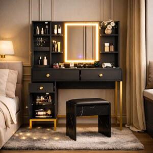 거울과 조명이 있는 베니티 데스크 3가지 컬러 디밍 가능한 조명 거울 충전소가 전원 콘센트 메이크업 서랍 수납 캐비닛 선반 2개 벨벳 정리함 유리 상판 블랙/골드