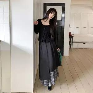 [하프클럽/]여자 언발 배색 체크 레이어드 밴딩 롱스커트