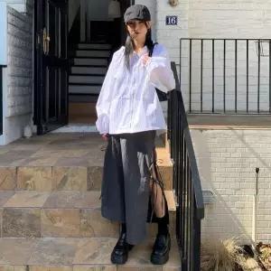 [하프클럽/]여자 뒷밴딩 사이드 트임 리본 스트랩 나일론 롱스커트