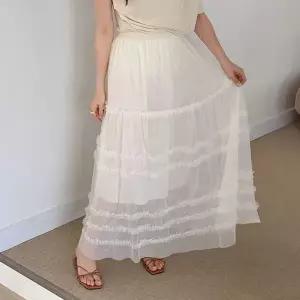 [하프클럽/]여성용 벚꽃 피크닉 스타일 프릴 캉캉 쉬폰 롱스커트