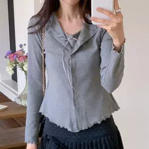 [하프클럽/]여성 리본 레이스 슬리브리스 날라리 골지 슬림 가디건