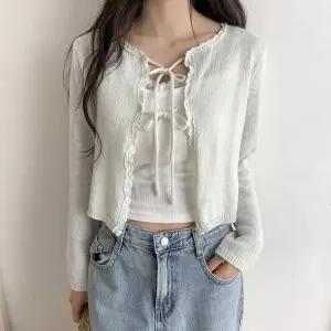 [하프클럽/]여성 레이스 리본 스트랩 크롭 사랑스러운 가디건