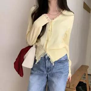 [하프클럽/]여성 여리핏 레이스 브이넥 프릴 비스코스 가디건