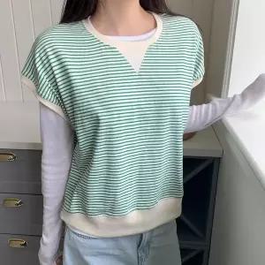 [하프클럽/]여성 스트라이프 루즈핏 코튼 레이어드 조끼