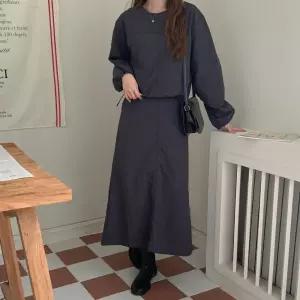 여자 빈티지 나일론 블라우스 밴딩 롱스커트 세트