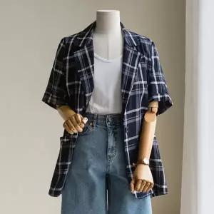 (안나앤플러스) 린넨 체크 반팔 자켓[자켓CHU49] 빅사이즈
