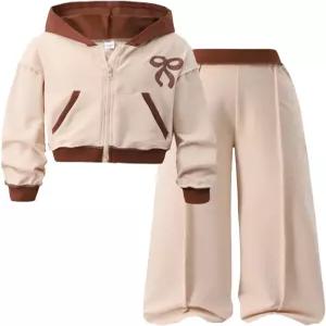 Yoxindax 소녀용 2피스 옷 보우 프린트 집업 후디 대비 컬러 와이드 레그 팬츠 겨울 7-14Y 의상 세트