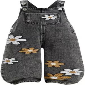 WDIRA 소녀의 귀여운 플로럴 데님 오버롤 민소매 배기 점프수트 진 포켓 포함