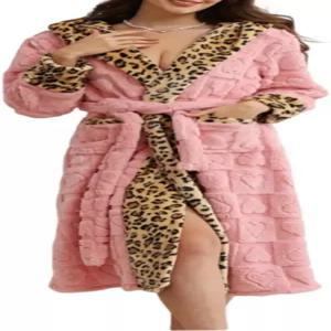 대구 여성 후드 플러시 목욕 가운 레오파드 프린트 롱 플러피 플리스 로브 슬립웨어 플란넬 하우스