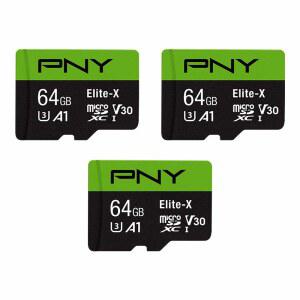 PNY 64GB 엘리트-X 클래스 10 U3 V30 microSDXC 플래시 메모리 카드, 3 카운트(1팩) - 100MB /s, 10, U3, V30, A1, 4K UHD, 풀 HD, UHS-I, 마이크로 SD