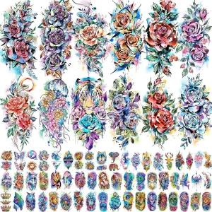 COKTAK 67장 수채화 장미 꽃 임시 타투 여성 여아용 12장 다채로운 팔 슬리브 타투 성인용 플로럴 스네이크