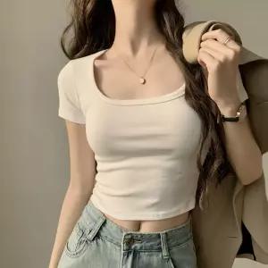 반팔티 여성 라운드 스퀘어 유넥 여자 여름옷 슬림핏 무지 기본