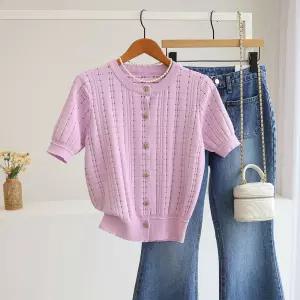 [잇수다] 알렉드 체크 엠보 라운드 반팔 니트 가디건