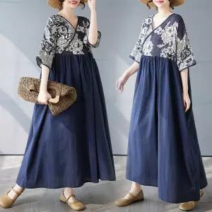 여자 봄 원피스 하객 면 린넨 브이넥 빈티지 빅사이즈 롱스커트 ST1