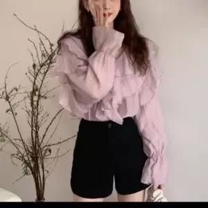 [SBD] 화이트 블라우스 퍼플 프릴 이중카라