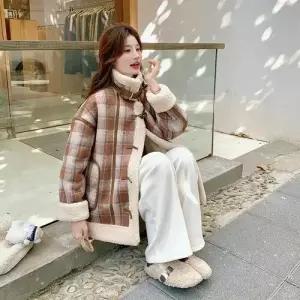 엘럽 여성용 코트 체크 모피 램스울 박템1