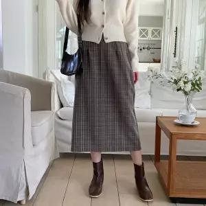 [하프클럽/]여자 롱 격자 패턴 백밴딩 H라인 스커트