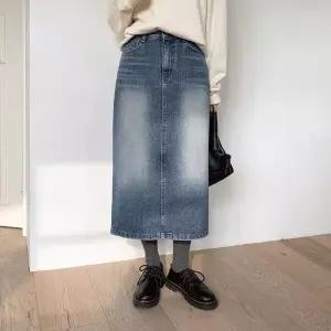 [하프클럽/]여자 중간 워싱 H라인 포인트 슬릿 진 스커트