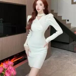 [SBD] 스퀘어넥 화이트 브이넥 하객 골지 봄원피스 원 라인