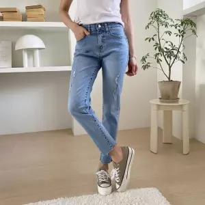 여자 허리스판 데미지디테일 워싱 데님 청바지