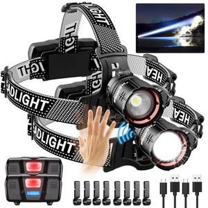 스프릭 고광도 LED 헤드램프 & 100H 시간 사용, USB 충전식 헤드램프, 90 조절 가능 와이드빔 모션 센서 헤드라이트, 5가지 모드, 캠핑 러닝 하이킹용 하드햇 2pc