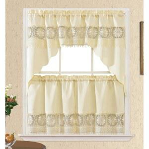 GOHD 데이지 드림. 작은 창문을 위한 주방 카페 커튼 세트. 어울리는 색상의 자수와 레이스가 있는 새틴 원단. (베이지, 스웨그, 24인치 티어 세트)