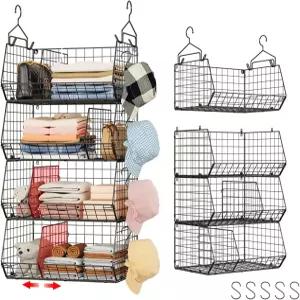 자토커다르 4단 걸이식 옷장 정리함 칸막이가 있는 대형 수납 선반 5S 후크가 와이어 옷 걸 수 정리함-블랙