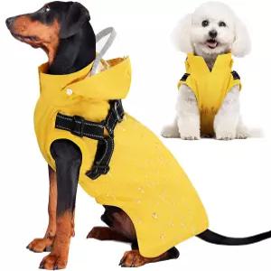 루코비 개 비옷 - 하네스와 탈착식 후드가 있는 방수 레인 재킷 소형 중형 대형견 강아지용 반사 이중