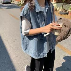 봄 가을 여자 캐주얼 오버핏 청 데님 조끼 베스트