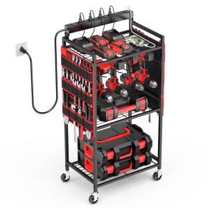 JUNNUJ 차고 대형 전동 공구 정리 카트, 8개의 콘센트 3개의 USB 충전소, 바닥 롤링 드릴 및 배터리 보관 카트 온 휠, 파워 스트립이 있는 헤비 듀티 유틸리티 랙 선반