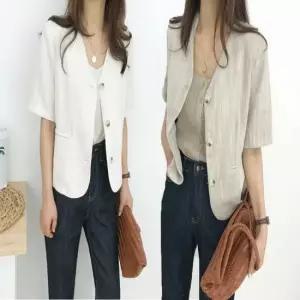 재킷 크롭 반팔 여름 노카라 마이 시원한 브이넥 자켓