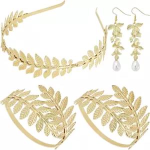 그리스 여신 의상 액세서리 4종 세트 황금 잎 왕관 머리띠 코일 상부 완장 팔찌 당글 귀걸이