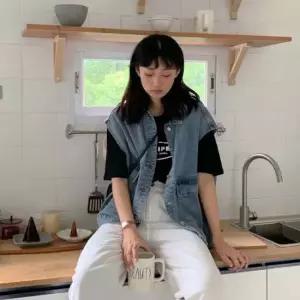 데님 반팔 베스트 여유핏 사계절 맨투맨 청조끼 여성