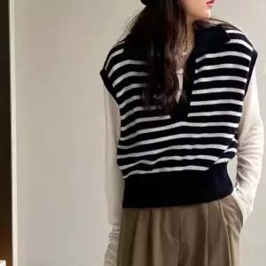 여성 스트라이프 크롭 단가라 니트조끼 니트 베스트