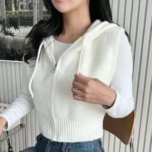 세미크롭 레이어드 베스트 조끼 무지 니트 여자 후드