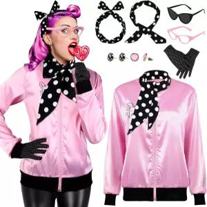 1950년대 핑크 새틴 재킷과 폴카 닷 스카프 헤드밴드 귀걸이 안경 여성용 할로윈 코스프레 의상 8피스