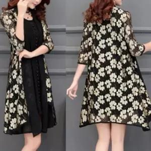 여성 중년 시스루 플라워 레이스 망사 7부 가디건