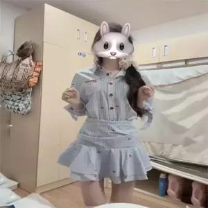 여성패션 쉬폰 원피스 골지 칼라 셔츠 가을 플리츠 스커트 레이어드 DL3