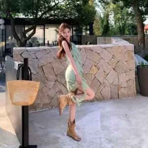 여성패션 쉬폰 원피스 그린 홀터넥 여름 슬림핏스커트 DL2