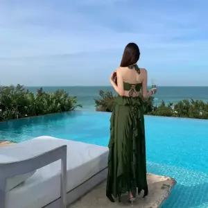 여성패션 쉬폰 원피스 비치 스커트 해변 바캉스 끈 홀터넥 멜빵 여름 DL2