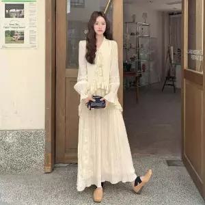 여성패션 쉬폰 원피스 벌룬 소매 베이지 롱 DL3