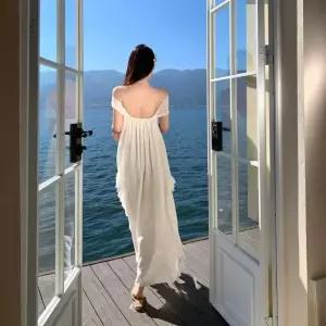 여성패션 쉬폰 원피스 바캉스룩 톱 스커트 일자 숄더 언밸런스 롱 DL1