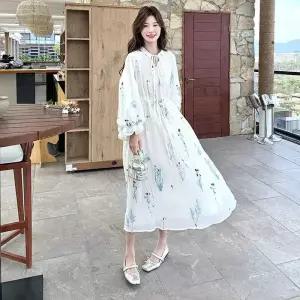 여성패션 쉬폰 원피스 프렌치 로맨틱 자수 거즈 추롱 소매 롱 DL3