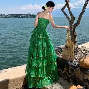 여성패션 쉬폰 원피스 튜브톱 비치 롱스커트 여름 케이크 DL2