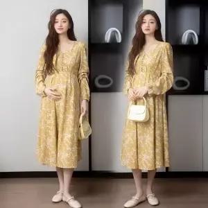 여성패션 쉬폰 원피스 봄가을 벌룬 소매 빈티지 롱스커트 DL3