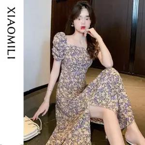 여성패션 쉬폰 원피스 프렌치 넥 퍼프 사계절 트임 롱 스커트 DL2