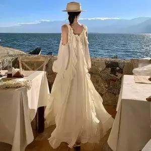 여성패션 쉬폰 원피스 프렌치 오프숄더 슬림핏비치 롱스커트 여름 DL2