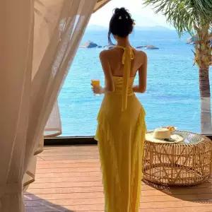 여성패션 쉬폰 원피스 여름 바캉스 옐로우 홀터넥 백프릴 롱 DL2