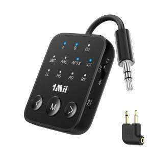 [미국배송] 1MII BLUETOOTH 5.3 송신기 수신기 헤드폰 2개용 듀얼 링크 APTX 적응형 /HD 저지연 비행기 /TV /MP3 플레이어 /자동차 /홈 스테레오용 3.5MM AUX 잭 무선 오디오 어댑터 25시간 재생 시간